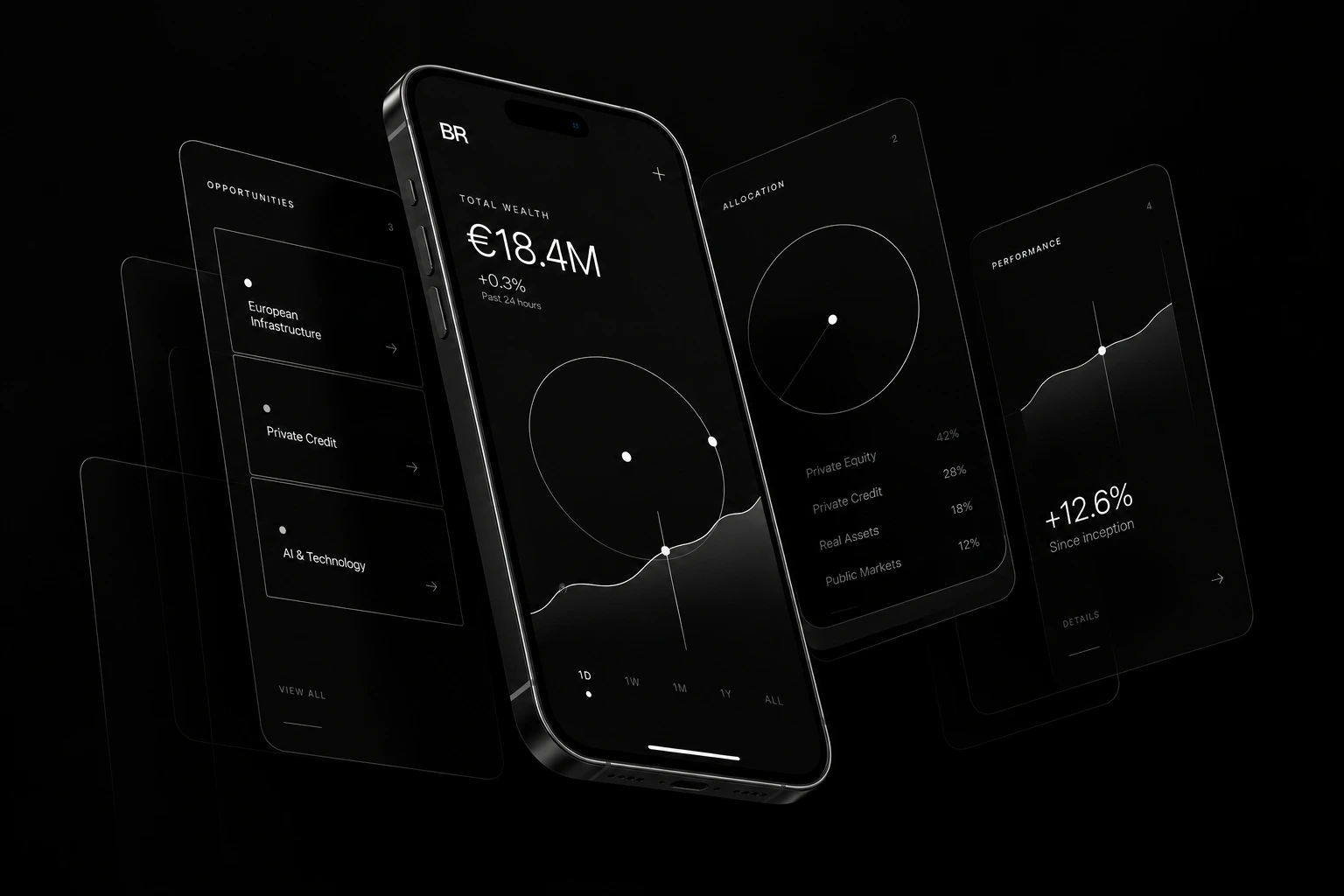 Benedikt Roehr wealth intelligence interface with minimal wireframe data layers